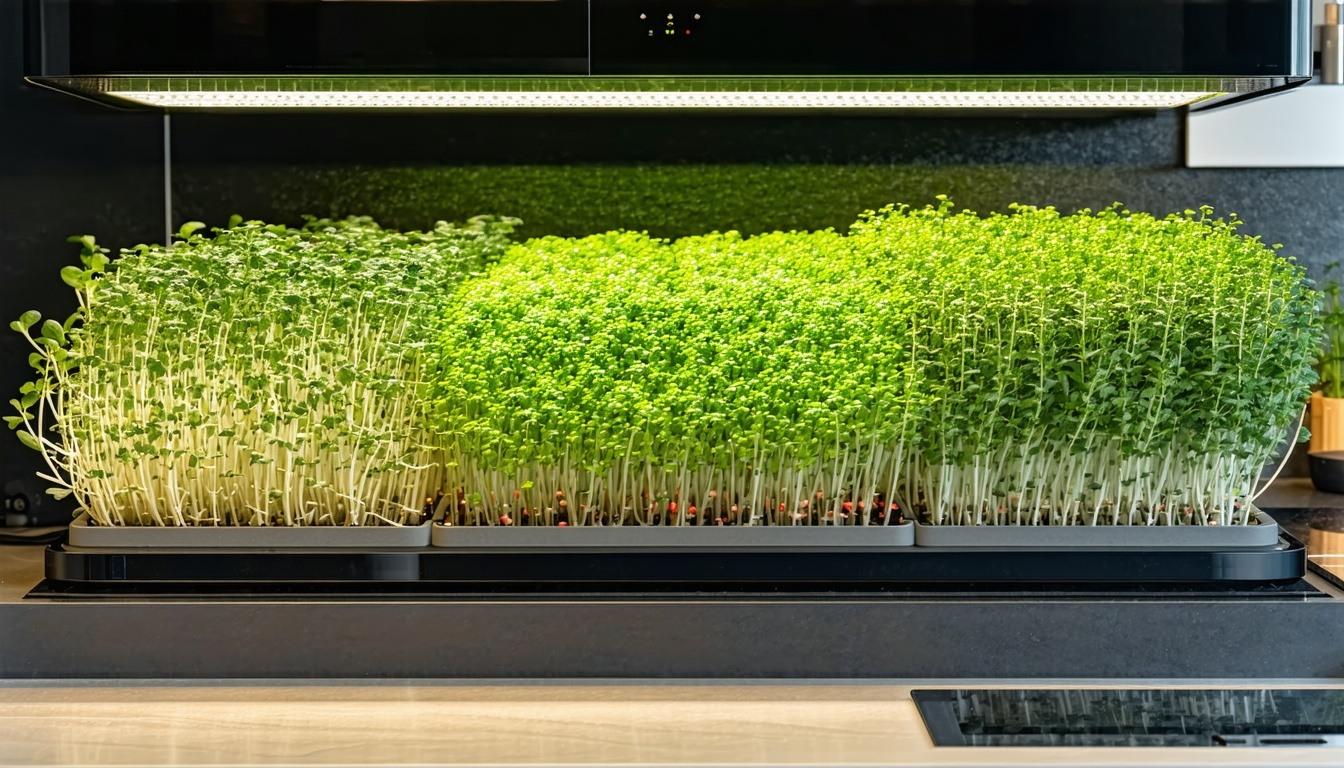 Hydroponic microgreen system in a modern kitchen