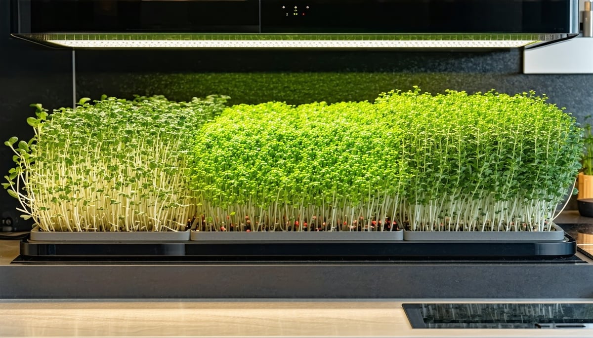 Hydroponic microgreen system in a modern kitchen