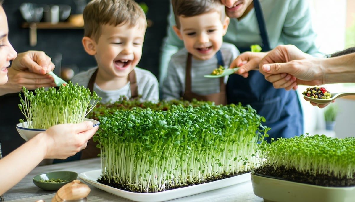 Family enjoying a meal with home-grown microgreens